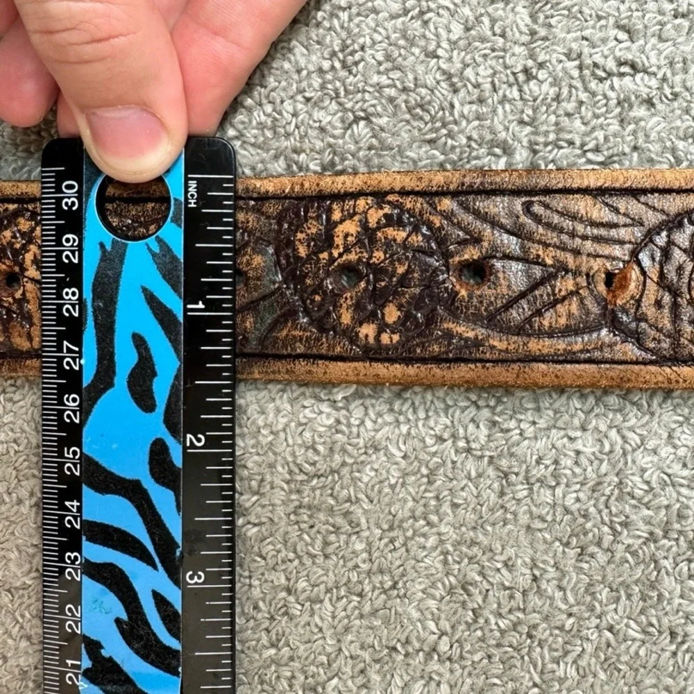 Vintage Hand Tooled Leather Belt Brown Western Floral Pineapple Size 36 Brass